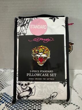 Ed Hardy 2 Piece Standard Pillowcase Set White & Black Tiger Shark Flower Skull